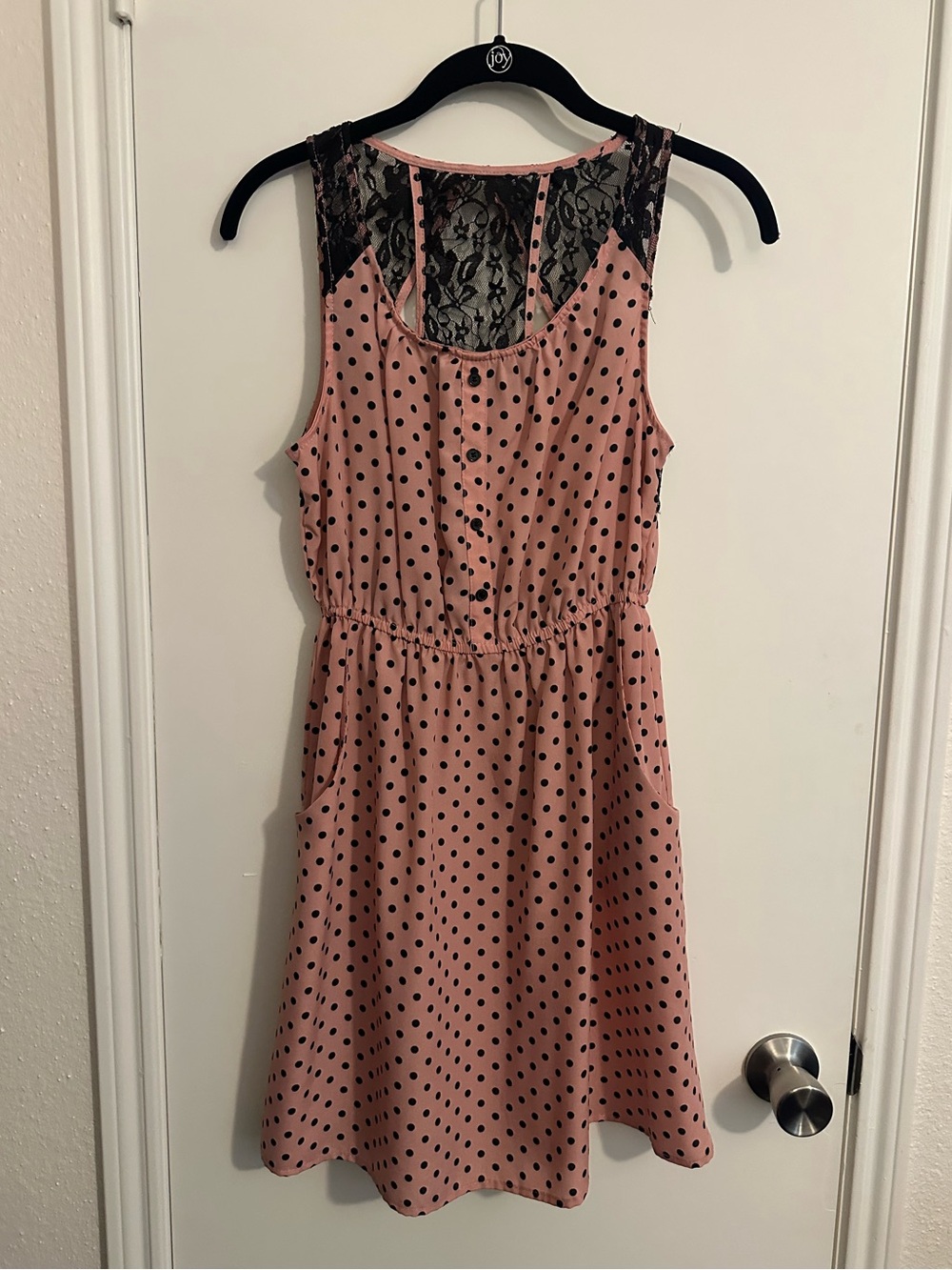 Sleeveless Pink Polka Dot Dress with Black Lace Trim